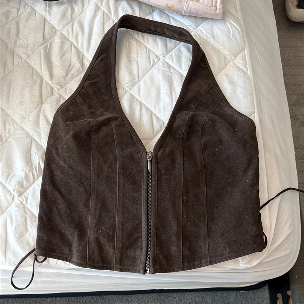 Brown Suede Halter Zip Front Vest